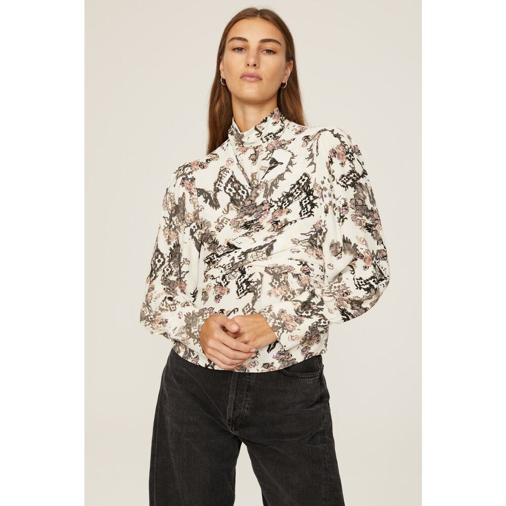 IRO White Abstract Print Long Sleeve Wrap Front Tie Back Mock Neck Top Size 34